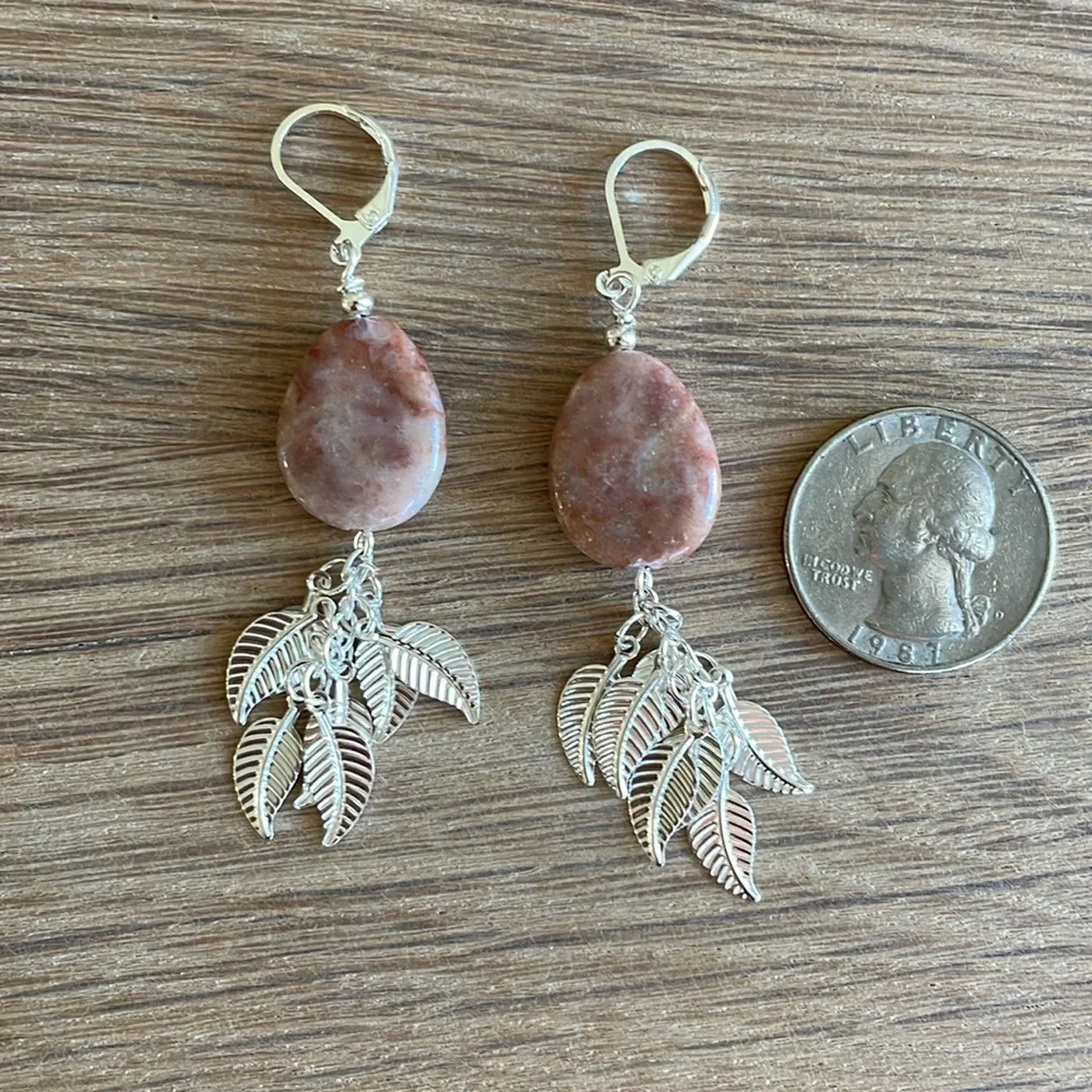 HAND CRAFTED SUNSTONE PIERCED EARRINGS Boho Dangling Leaves